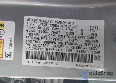 2024 Honda Civic Touring из США, поврежденный, VIN 2HGFE1F98RH317414